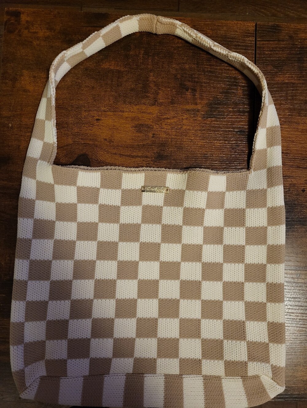 Kopari Limited Edition Knitted Cream And Tan Checkered Tote Reusable Bag